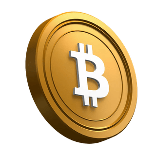 Na seção de destaque do design, moeda Bitcoin (BTC) em posição inclinada